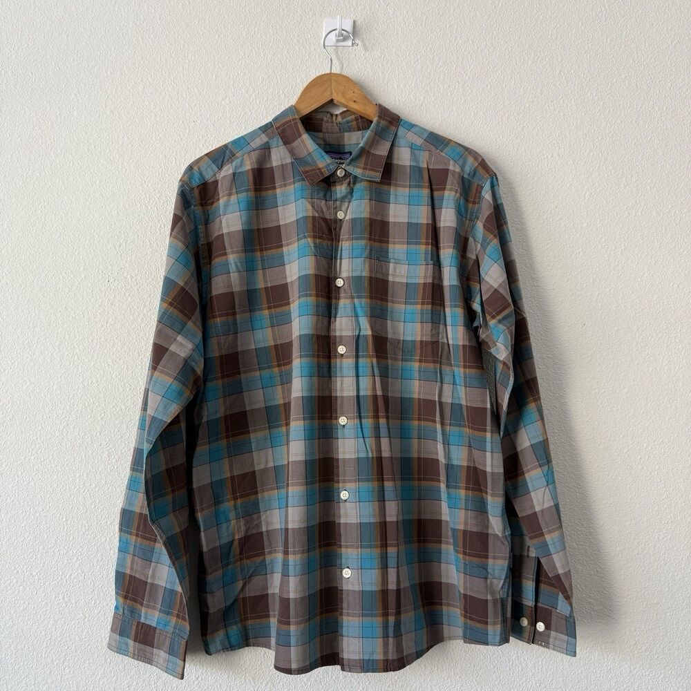 Patagonia Button-Up Shirt Men's L Plaid Long Sleeve Brown Blue Gray Outdoor